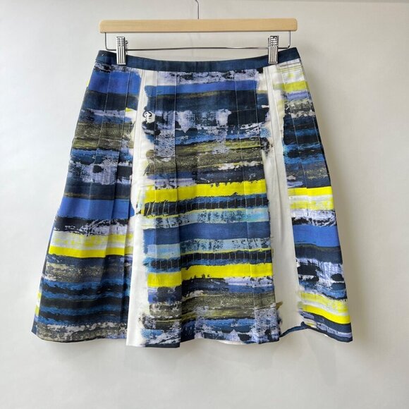 Akris Punto abstract prints aline skirt, blue/cream, yellow, Size 8 - Picture 1 of 9